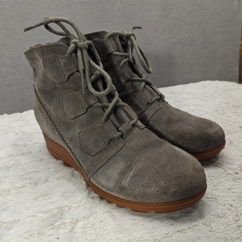 Sorel Evie Lace Wedge Boots Gray Suede Leather Womens 9.5 Whimsigoth‎ Office